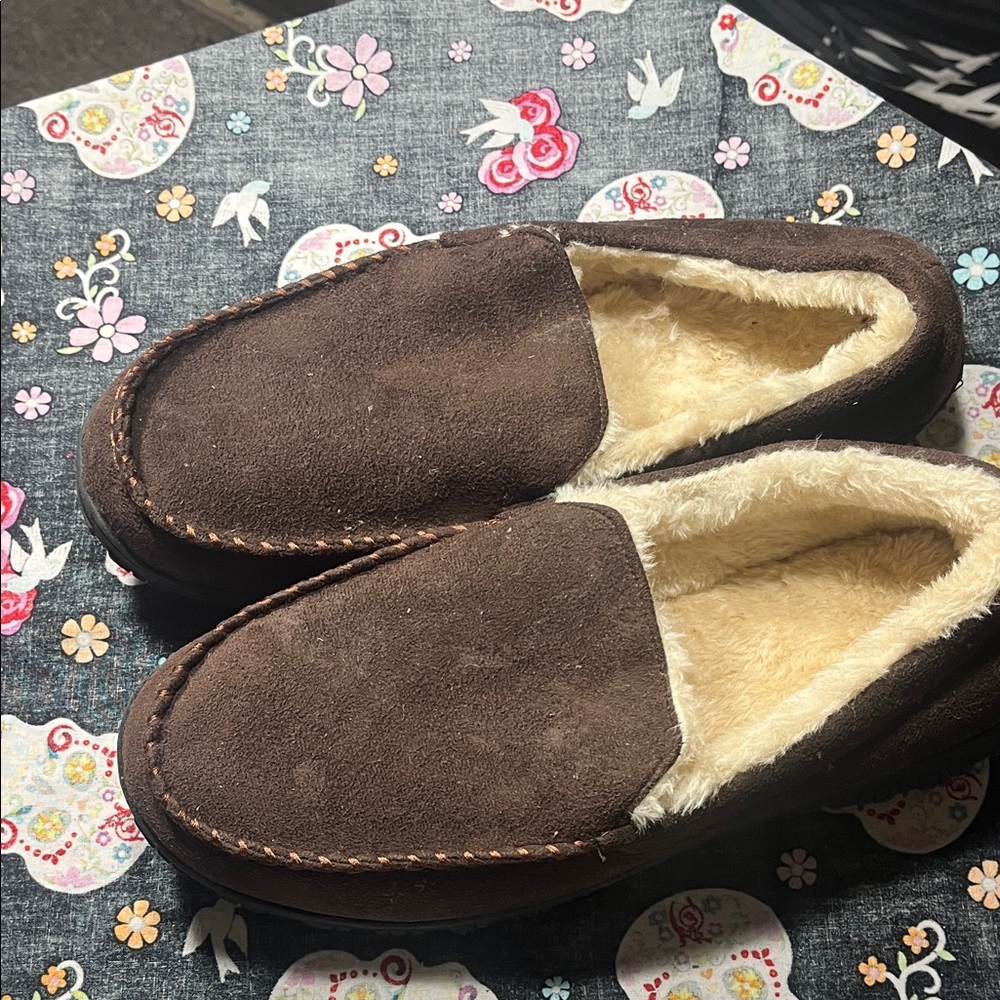 Men’s Brown Moccasin Slippers Faux Fur Lined Indoor Outdoor Size 13